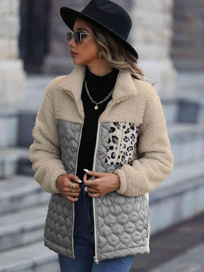 Leopard color-block zip-up jacket by Stevvex with beige sherpa, gray quilted body on Tampa Home & Garden Store