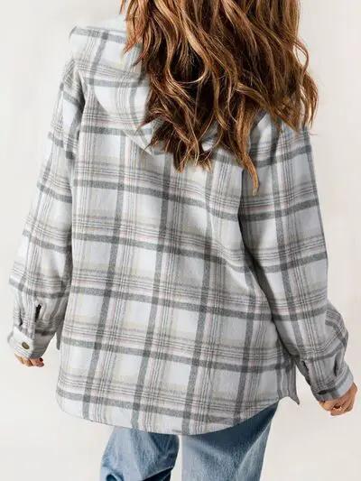 Plaid Snap Down Plush Hooded Jacket Women Warm