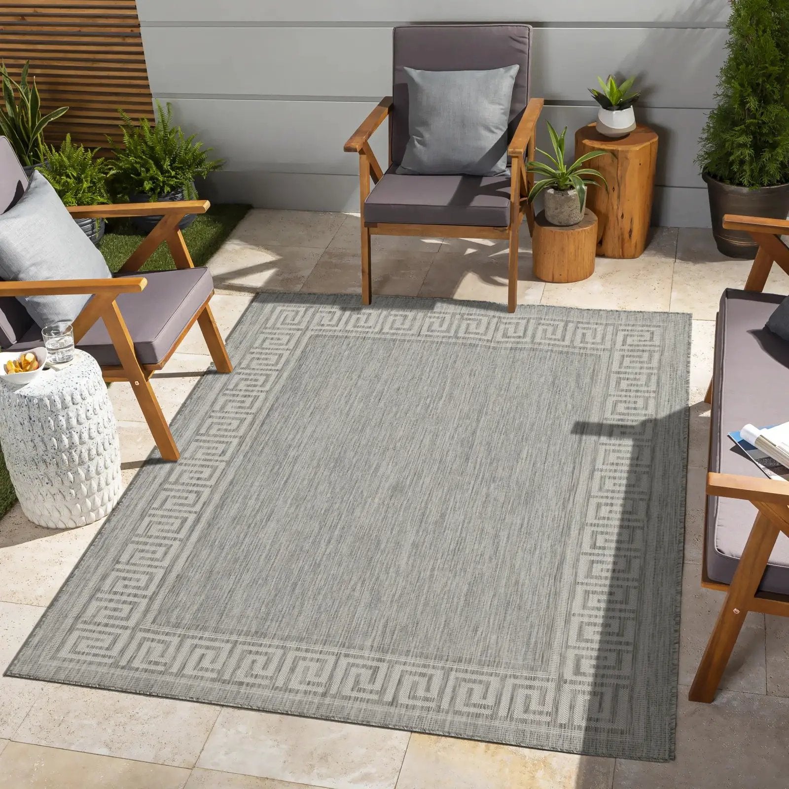 Sunshine polypropylene runner rug in grey with Greek-key border by Unique Piece Furniture on Tampa Home & Garden Store