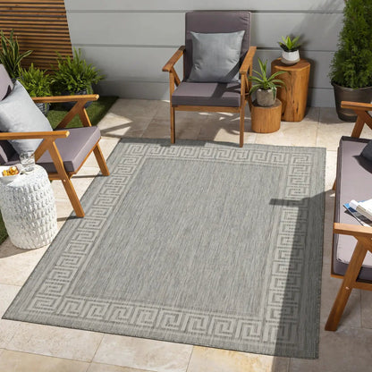 Sunshine polypropylene runner rug in grey with Greek-key border by Unique Piece Furniture on Tampa Home & Garden Store