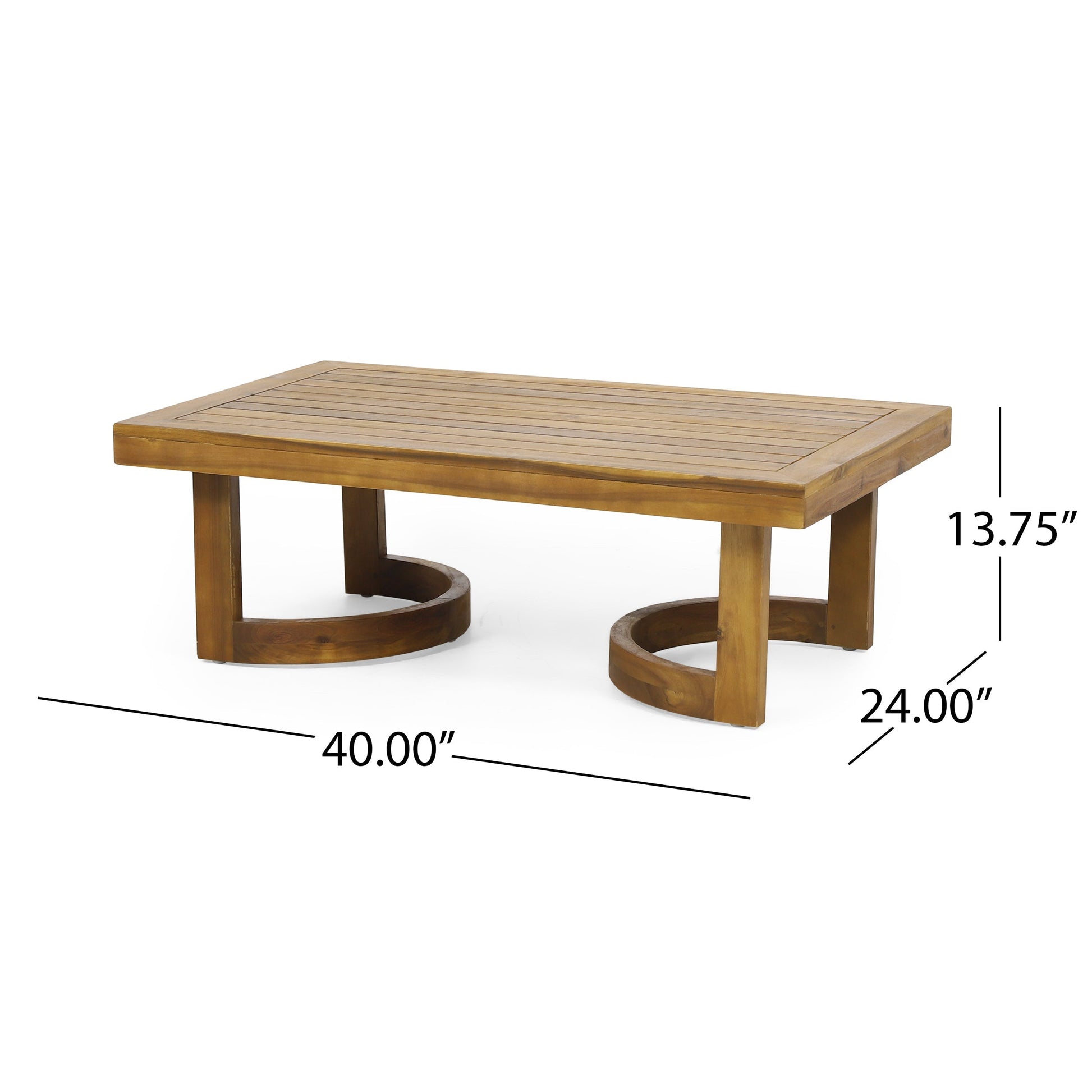 Outdoor acacia wood loveseat and coffee table set with slatted top in natural finish on Tampa Home & Garden Store