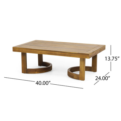 Outdoor acacia wood loveseat and coffee table set with slatted top in natural finish on Tampa Home & Garden Store