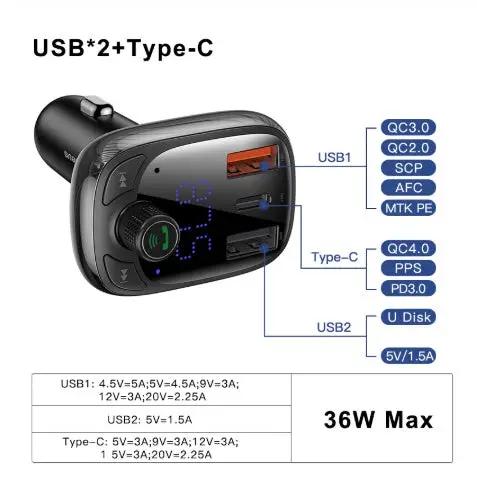 Black car charger with USB-C and two USB-A ports, blue LED display, 36W max, FLIPSTYLEZLLC on Tampa Home & Garden Store