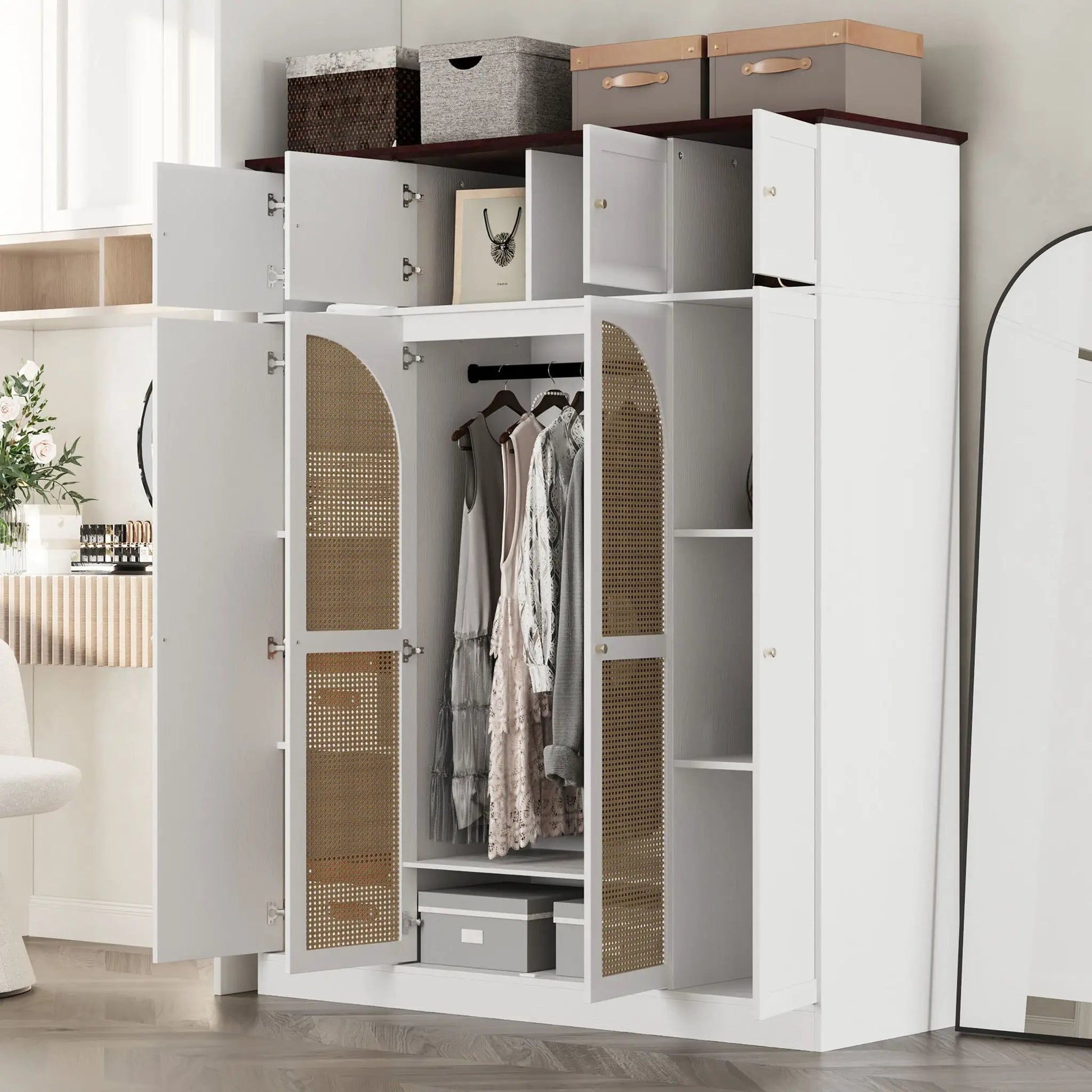 8-door armoire by Unique Piece Furniture in gray with adjustable shelves and hanging rod on Tampa Home & Garden Store