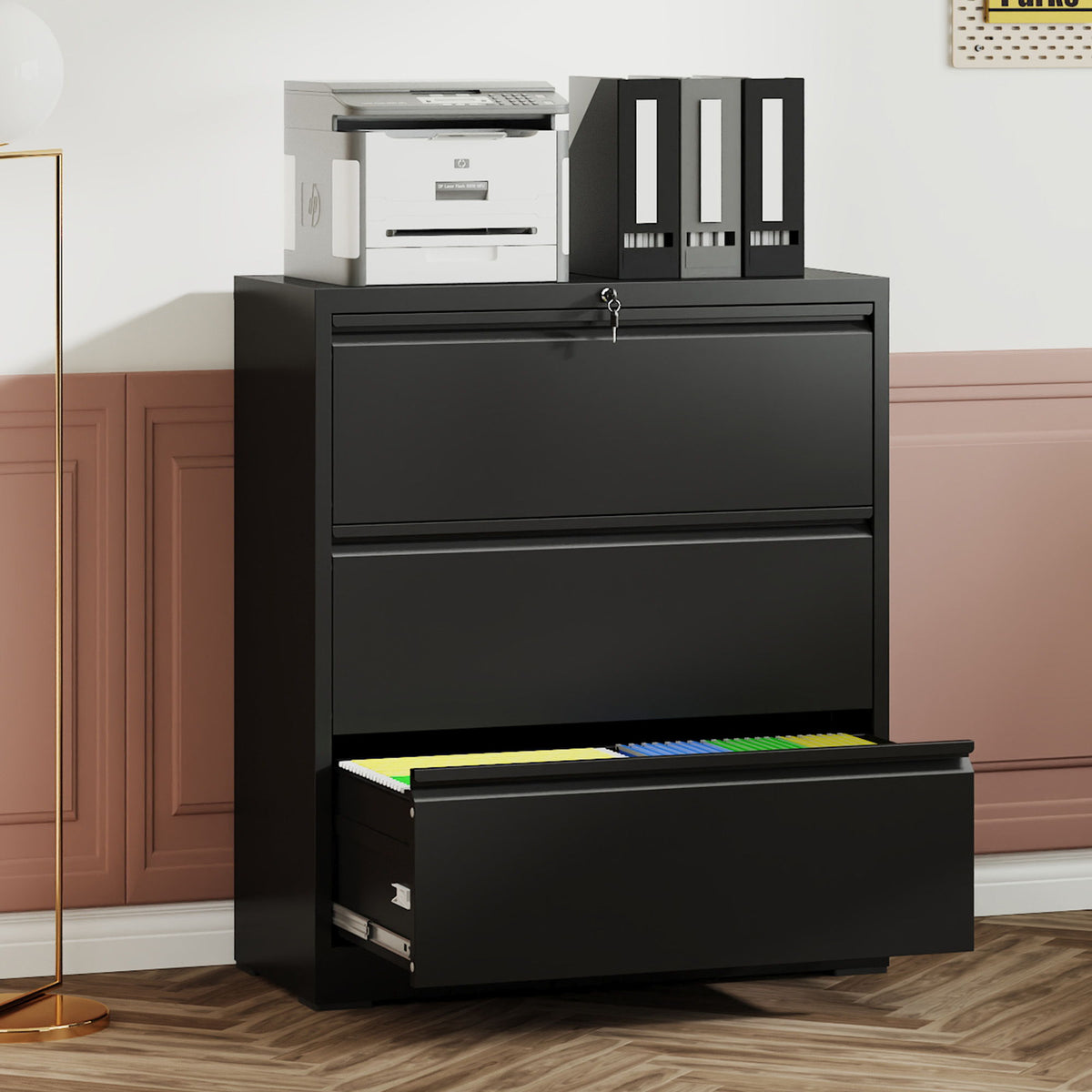 HouseOfZazla black lateral filing cabinet with heavy-duty locking drawers on Tampa Home & Garden Store
