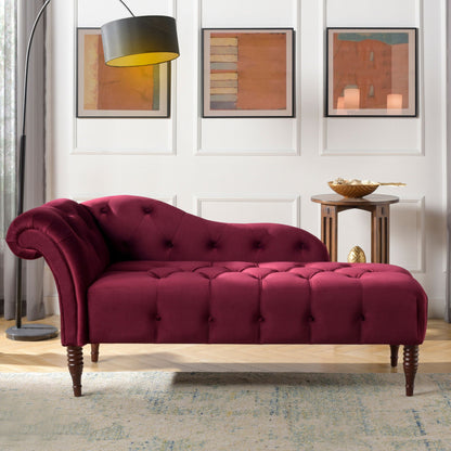 Tufted chaise lounge by HouseOfZazla in dark red velvet with rolled arms and wooden legs on Tampa Home & Garden Store