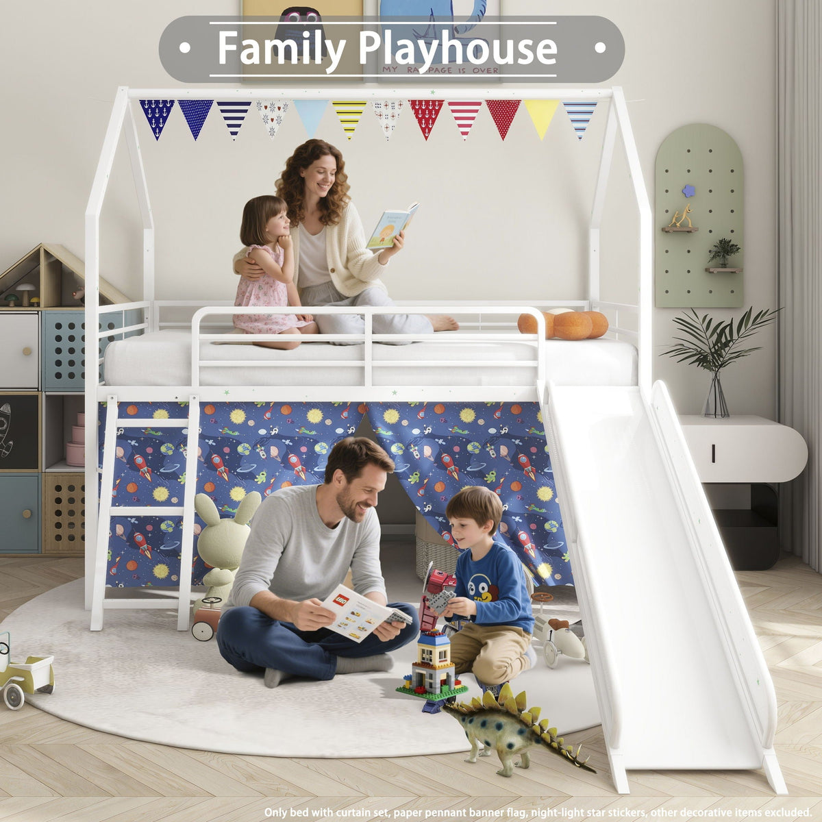 Jack Loft Bed with Slide and Curtain Set by HouseOfZazla, white frame with space curtains on Tampa Home & Garden Store