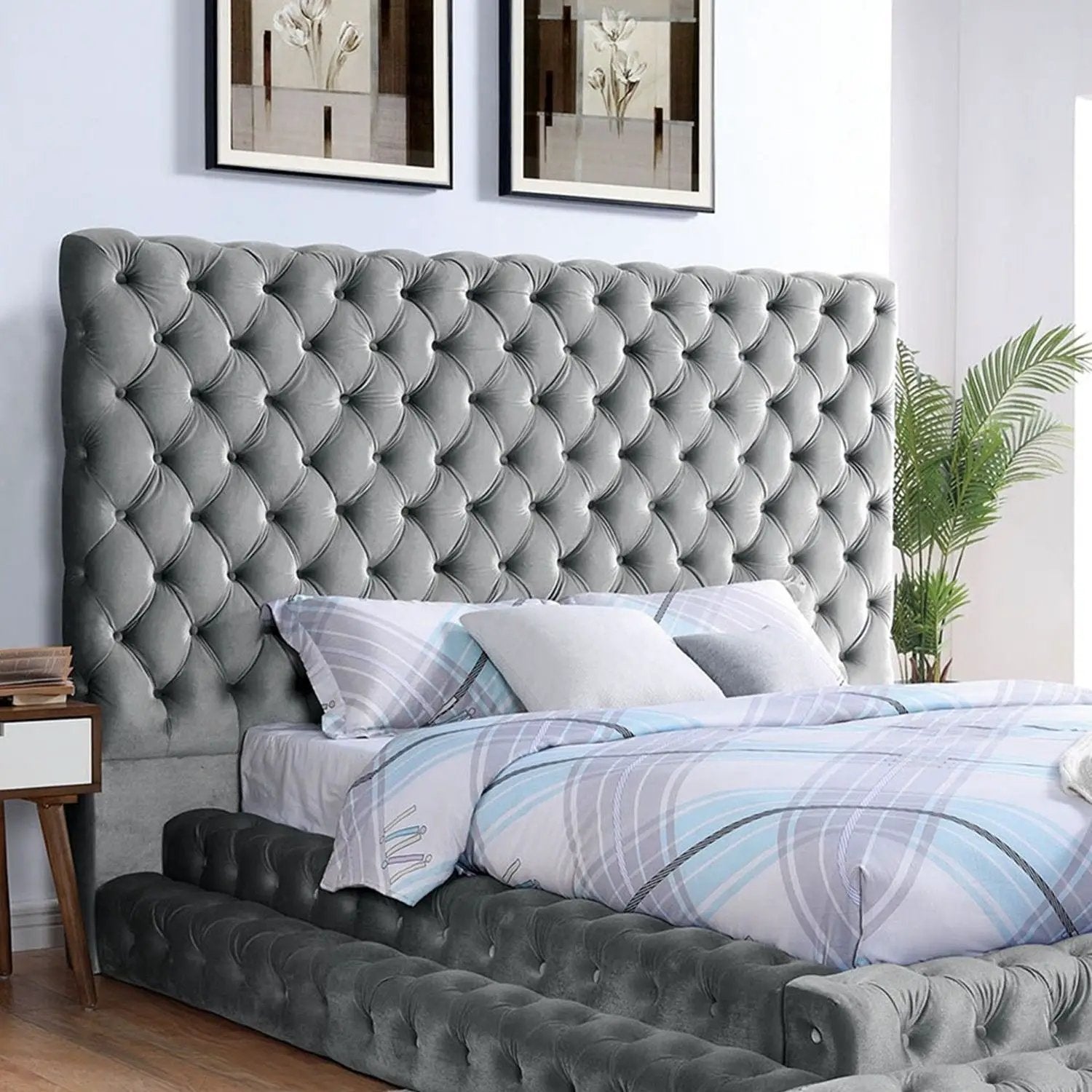 Tufted headboard platform bed with upholstered gray velvet frame by Unique Piece Furniture on Tampa Home & Garden Store