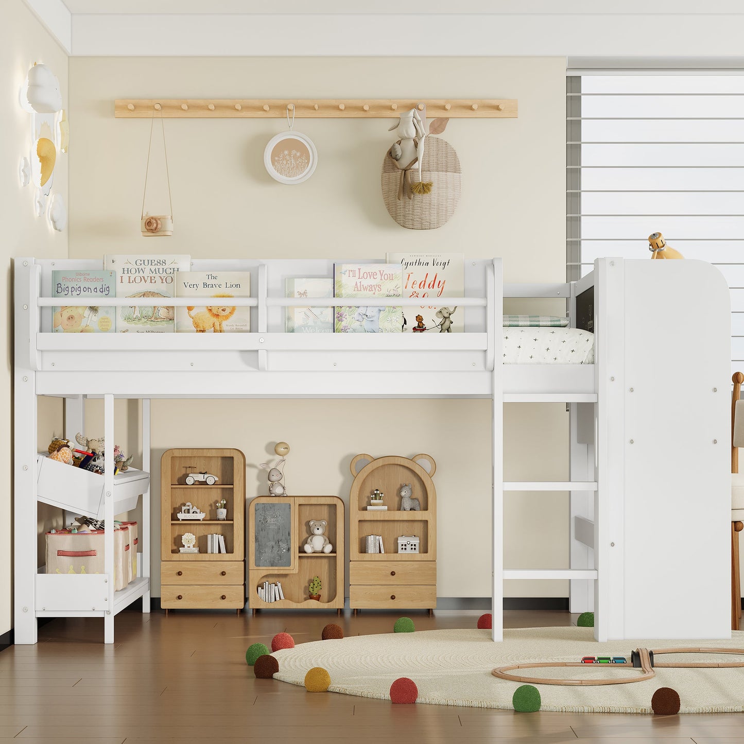 Twin loft bed with desk, multi-storage bookcases and blackboard in white by HouseOfZazla on Tampa Home & Garden Store