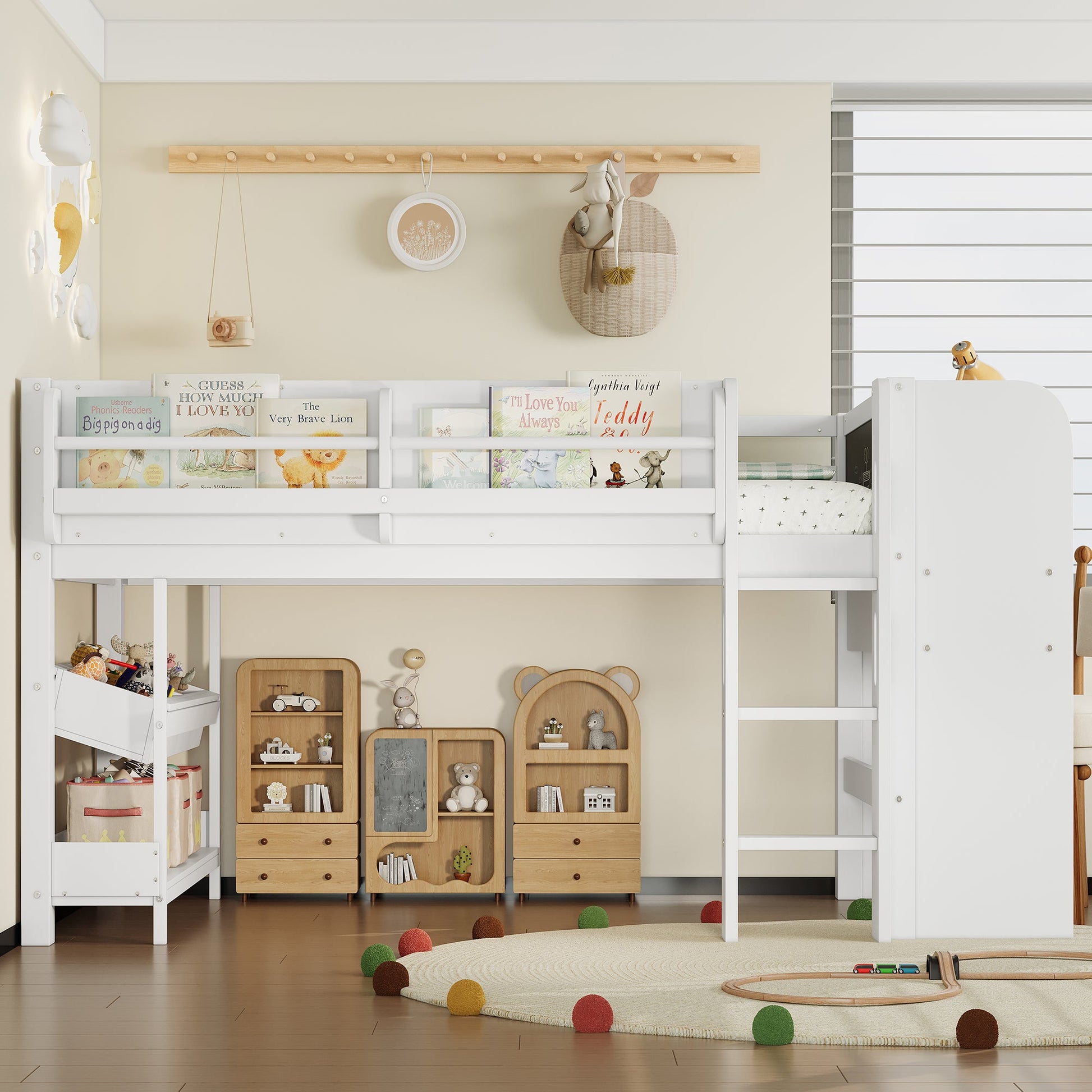 Twin loft bed with desk, multi-storage bookcases and blackboard in white by HouseOfZazla on Tampa Home & Garden Store