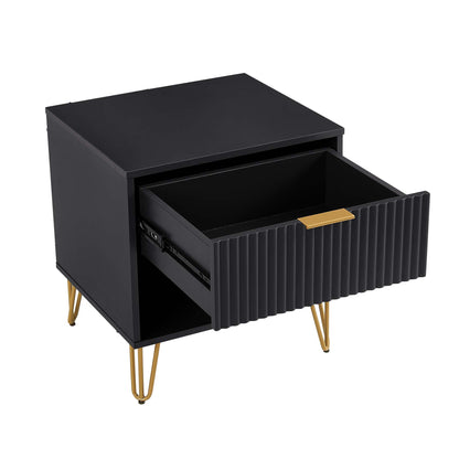 Modern nightstand with fluted drawer, black finish, gold metal handles, HouseOfZazla on Tampa Home & Garden Store
