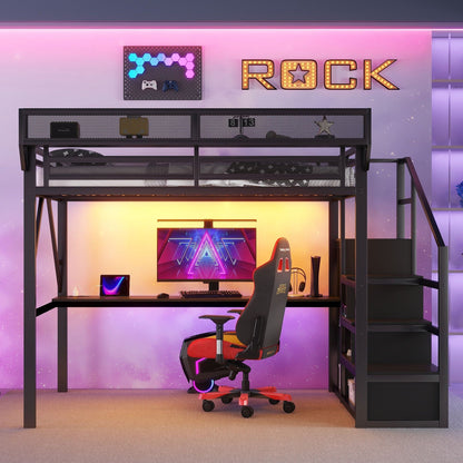 Loft bed with desk and charging station, black metal frame with stairs HouseOfZazla on Tampa Home & Garden Store