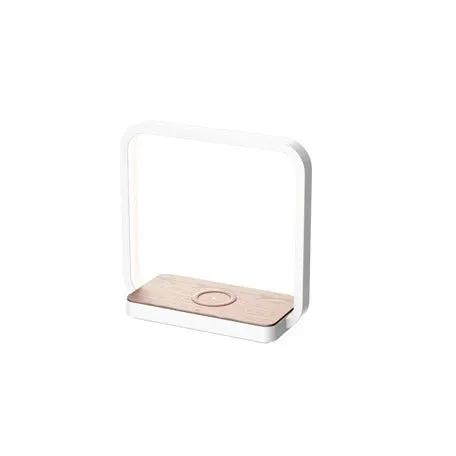 Wireless charging desk lamp with white square frame and wooden base featuring touch dimmer on Tampa Home & Garden Store