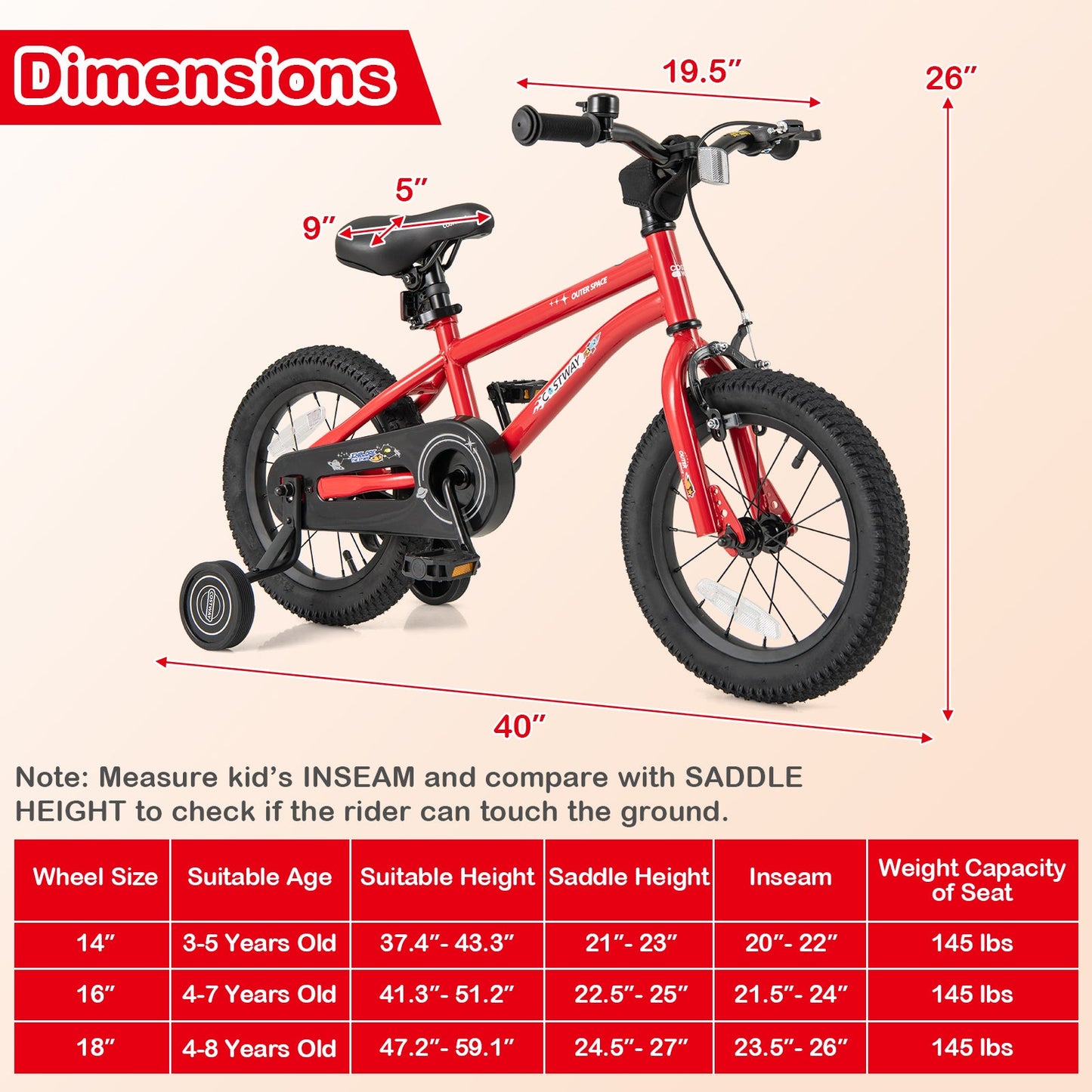 Red 16-inch kids bike with training wheels, handbrake, and bell by DirectDeals on Tampa Home & Garden Store