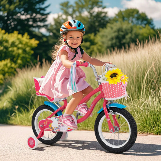 14 Inch Girls Bike with Doll Seat and Training Wheels pink frame blue accents sunflowers basket on Tampa Home & Garden Store