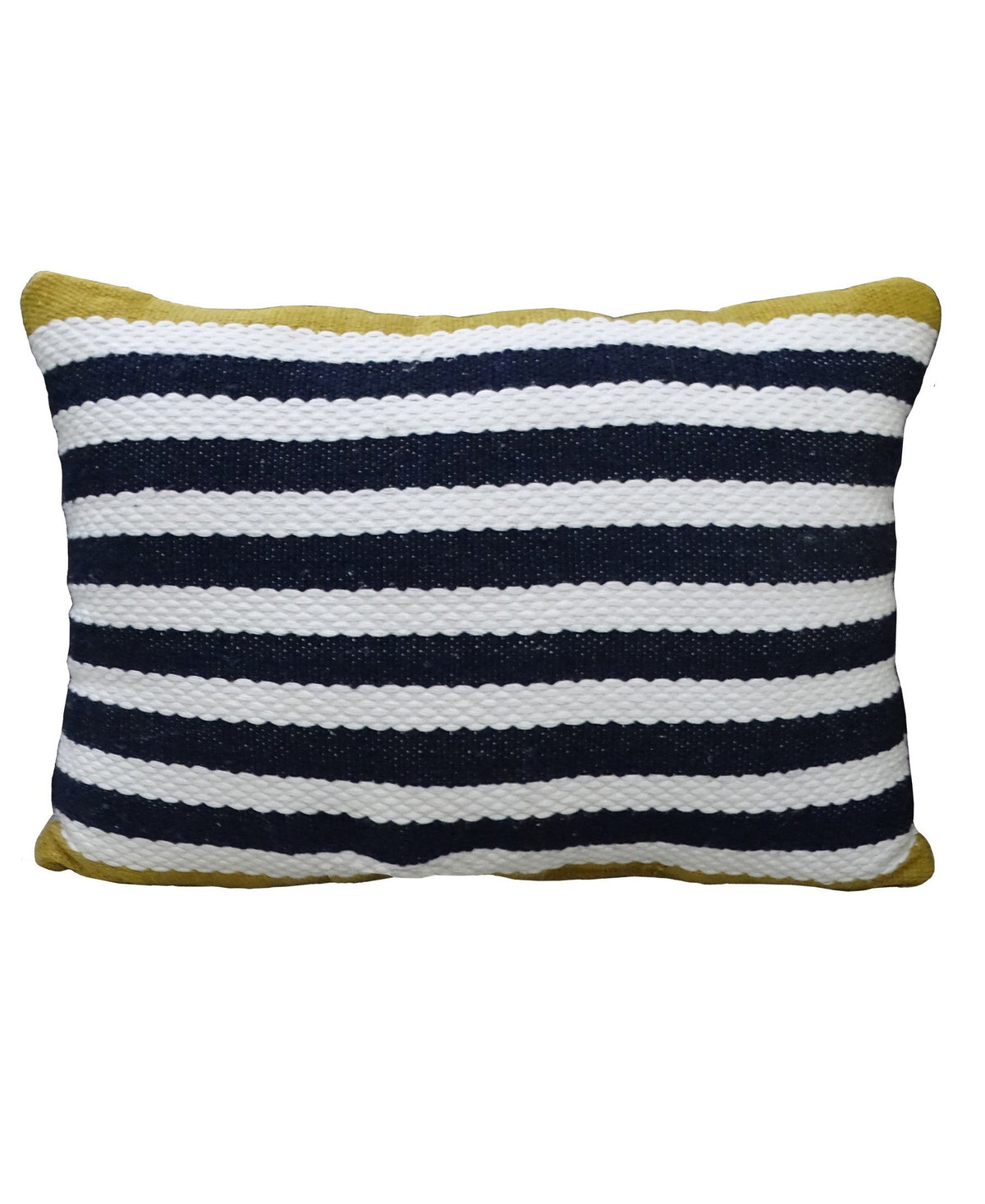 Vibhsa navy white striped indoor outdoor pillow 14x20 with yellow corner accents on Tampa Home & Garden Store