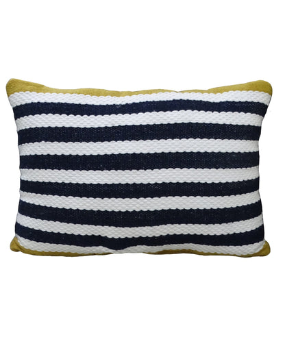 Vibhsa navy white striped indoor outdoor pillow 14x20 with yellow corner accents on Tampa Home & Garden Store