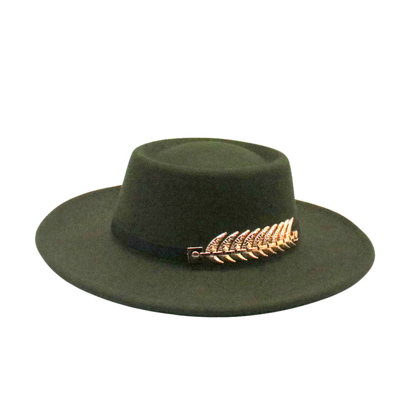 Stevvex green felt fedora hat with foldable wide brim and gold leaf hatband on Tampa Home & Garden Store