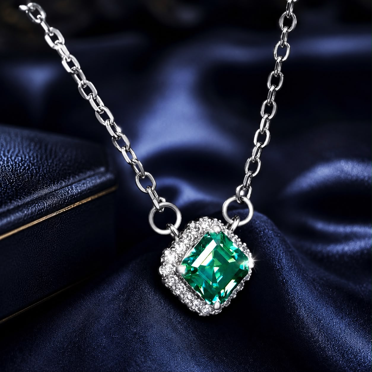925 Sterling Silver Moissanite Pendant Necklace with emerald-green center stone and diamond halo on Tampa Home & Garden Store