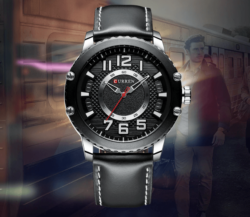 Men's Stevvex waterproof sport watch with black leather strap and large white numerals on Tampa Home & Garden Store