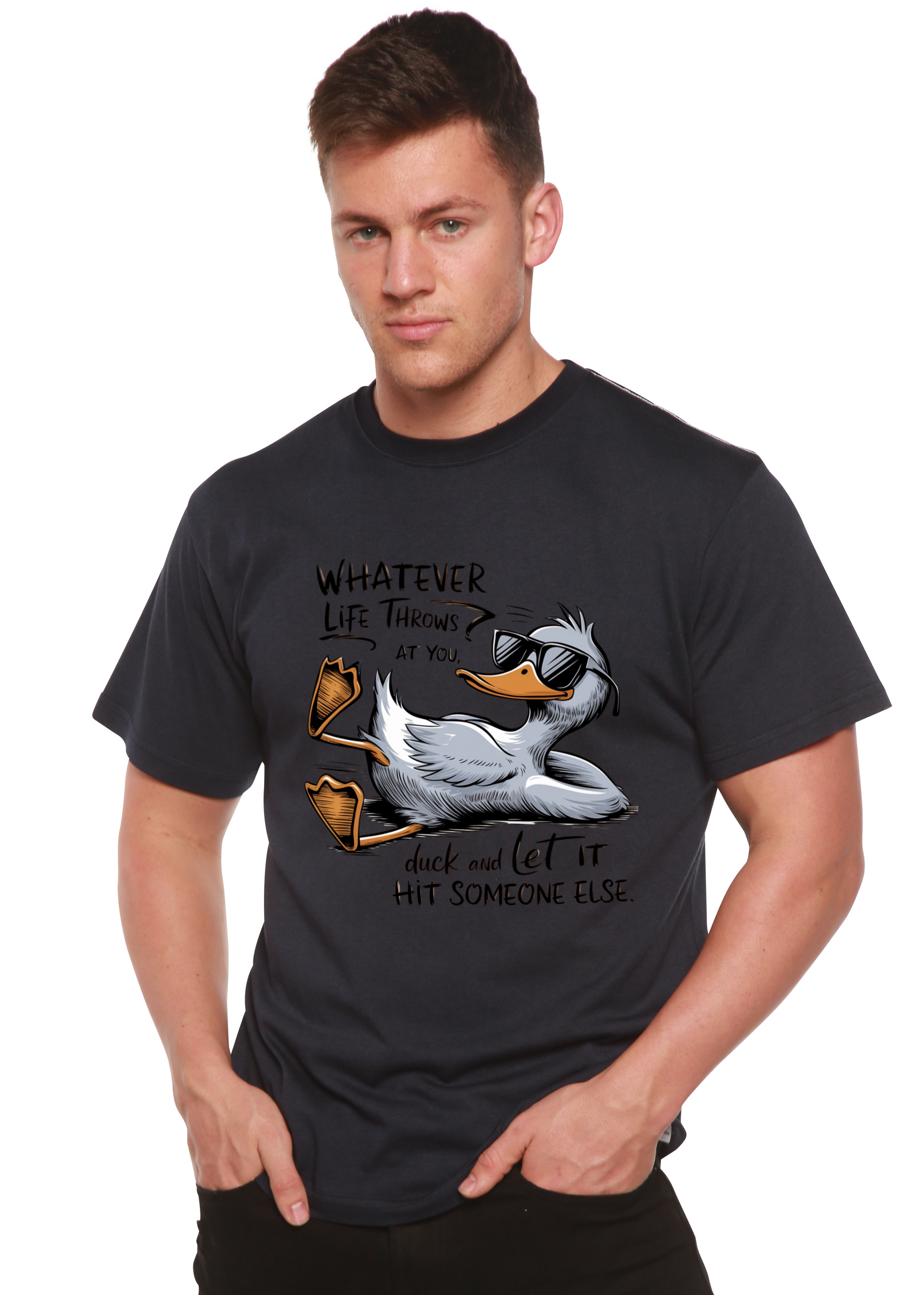 Whatever Life Throws at You unisex bamboo/cotton tee with duck illustration on dark gray on Tampa Home & Garden Store