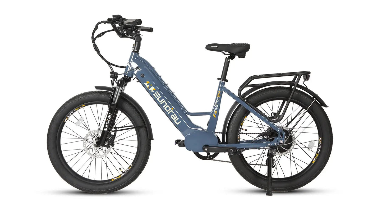 META26 1.0 electric bicycle by EUNORAU US with blue step-through frame, disc brakes on Tampa Home & Garden Store