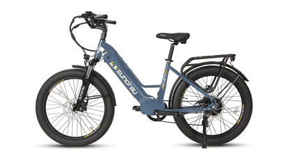 META26 1.0 electric bicycle by EUNORAU US with blue step-through frame, disc brakes on Tampa Home & Garden Store