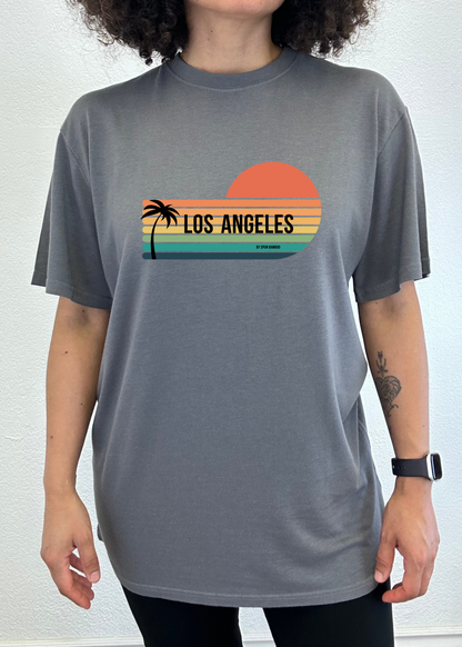 Unisex Los Angeles graphic T-shirt in heather gray with palm and sunset stripes by Spun Bamboo on Tampa Home & Garden Store