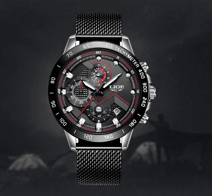 Men's waterproof Stevvex watch with stainless steel mesh bracelet black dial tachymeter bezel on Tampa Home & Garden Store