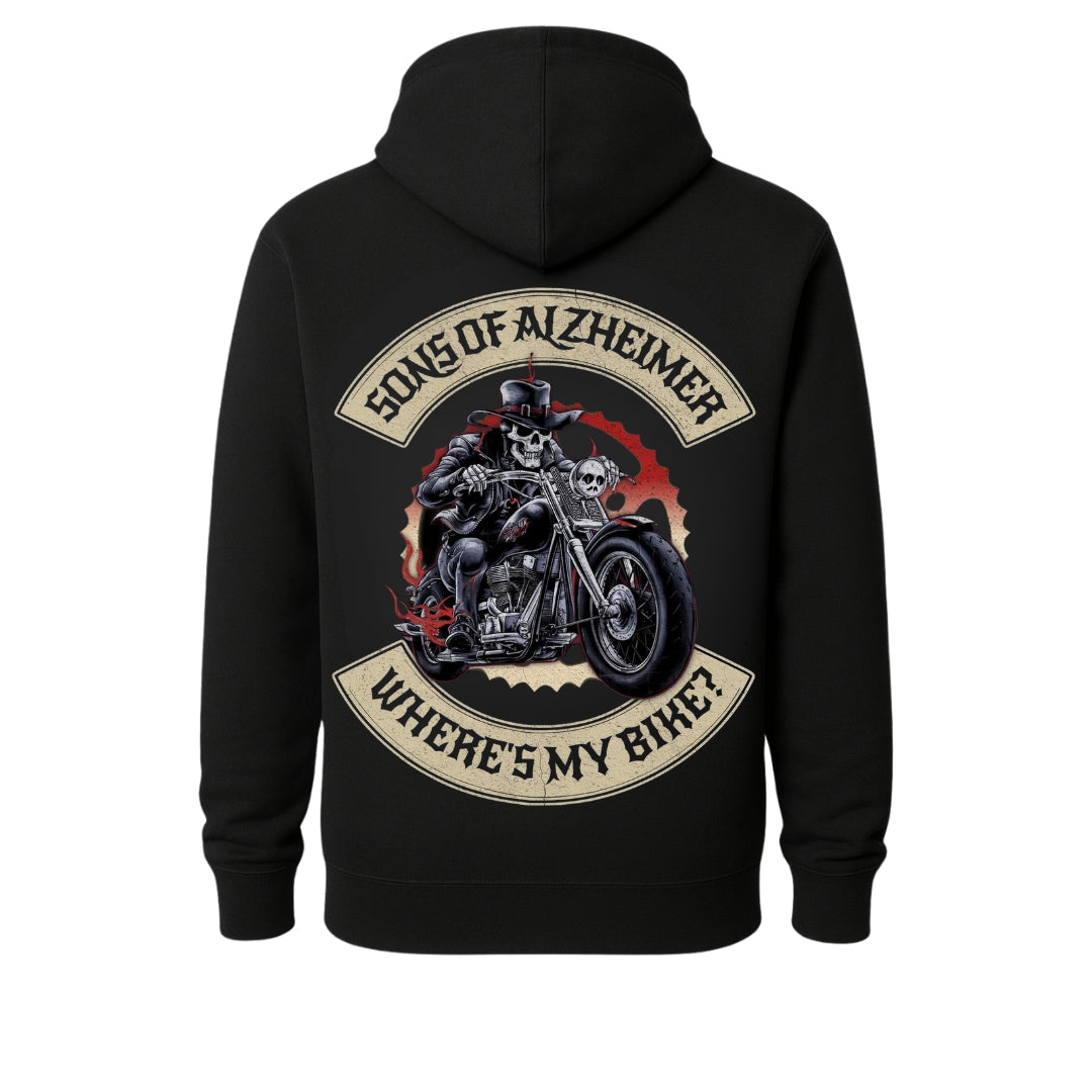 Back of black hoodie: skeleton biker on chrome motorcycle with red flames and beige arch banners on Tampa Home & Garden Store