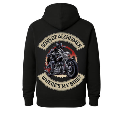 Back of black hoodie: skeleton biker on chrome motorcycle with red flames and beige arch banners on Tampa Home & Garden Store
