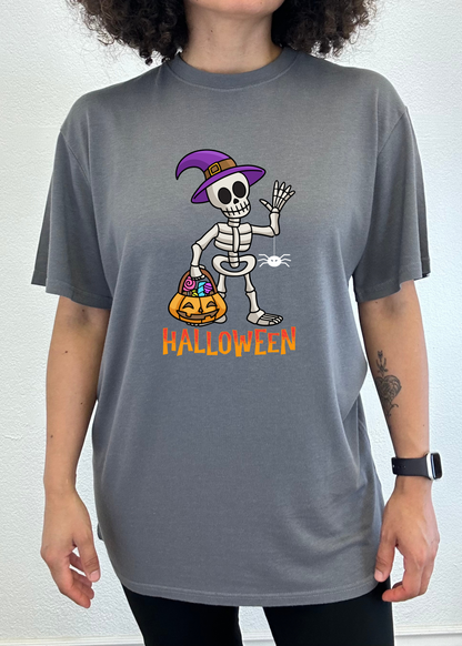 Happy Halloween Spun Bamboo shirt skeleton with purple witch hat carrying candy pumpkin on Tampa Home & Garden Store