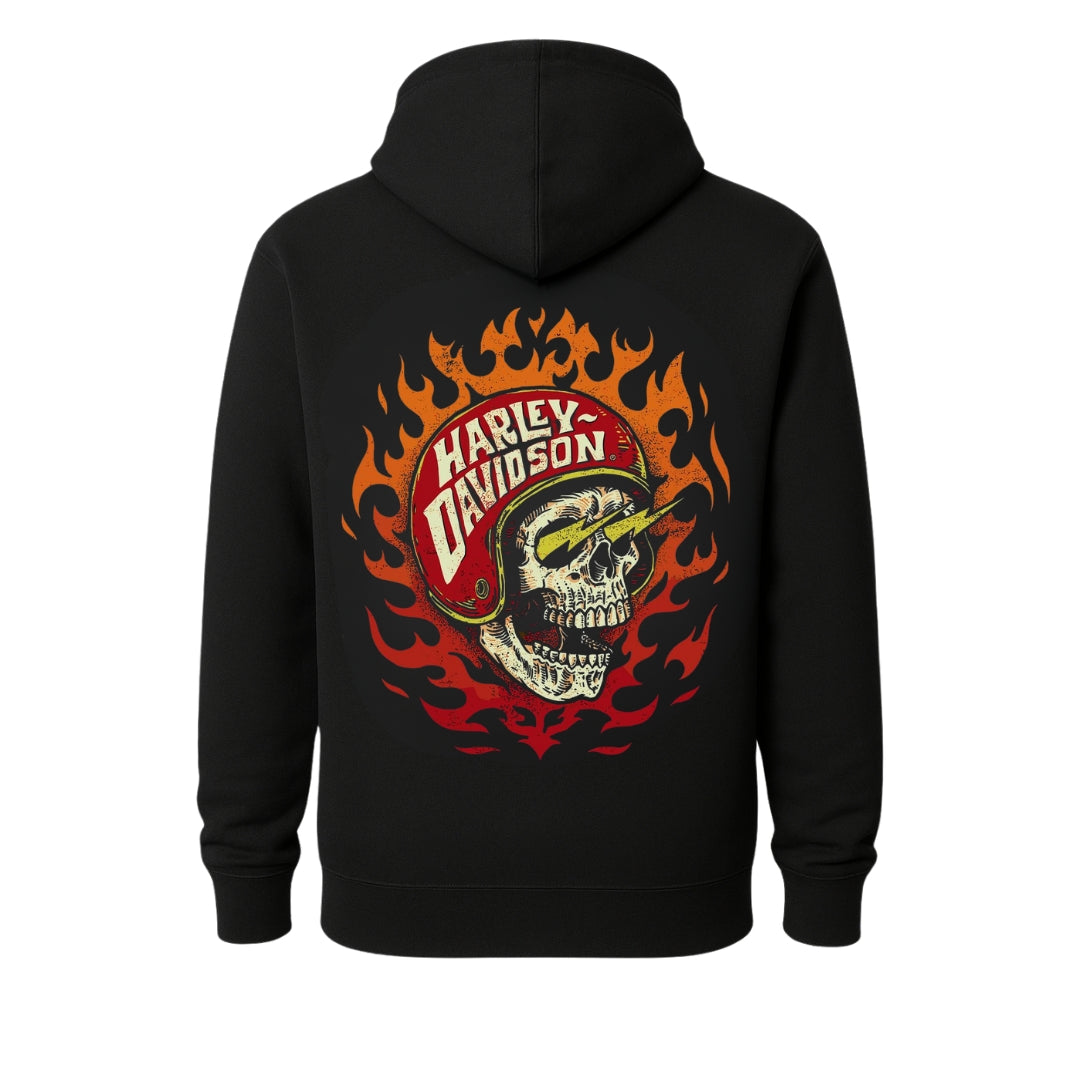 Hoodie back graphic: Harley-Davidson skull with red helmet and flames on black fabric on Tampa Home & Garden Store