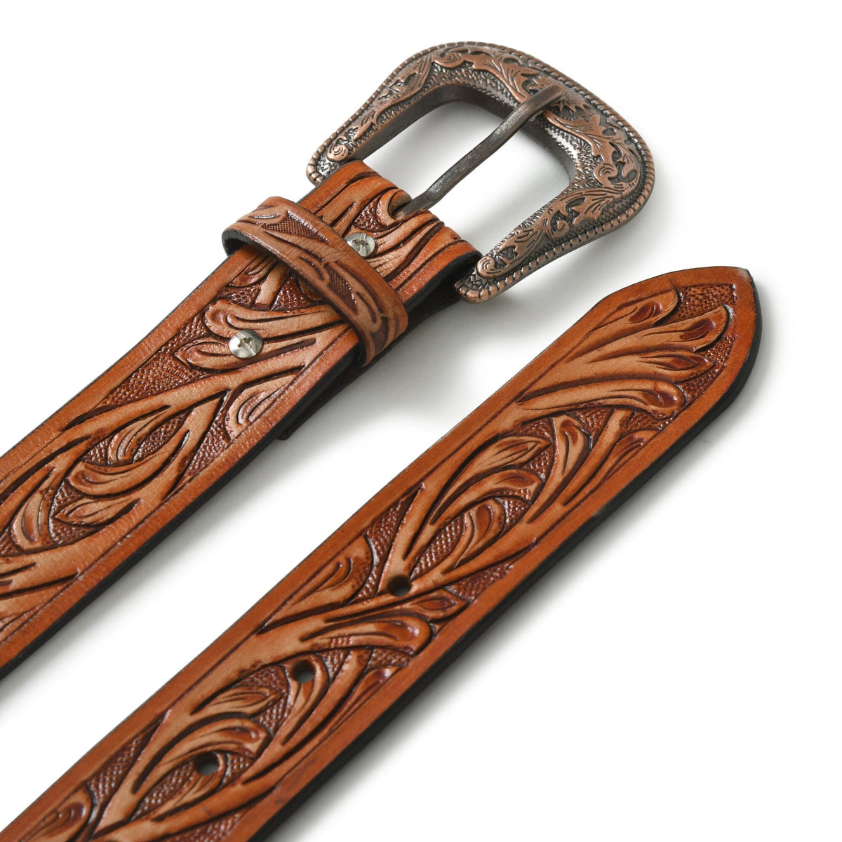 Two brown Western cowboy leather belts with intricate floral tooling and ornate buckles on Tampa Home & Garden Store