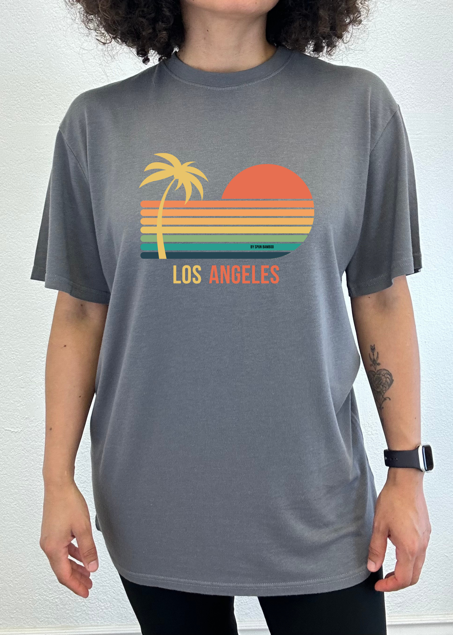 Los Angeles unisex bamboo tee with palm and retro rainbow sunset on gray by Spun Bamboo on Tampa Home & Garden Store