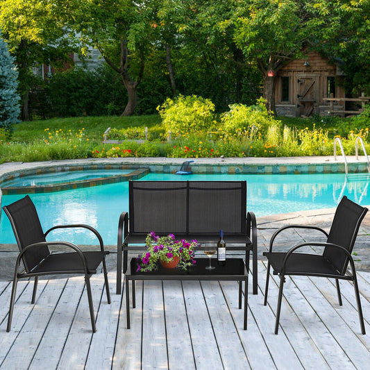 4 Pieces Patio Furniture Set with Glass Top Coffee Table-Black - Tampa Home & Garden Store