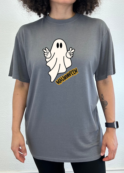 Halloween Ghost unisex bamboo tee in gray with cartoon ghost and Halloween text Spun Bamboo on Tampa Home & Garden Store