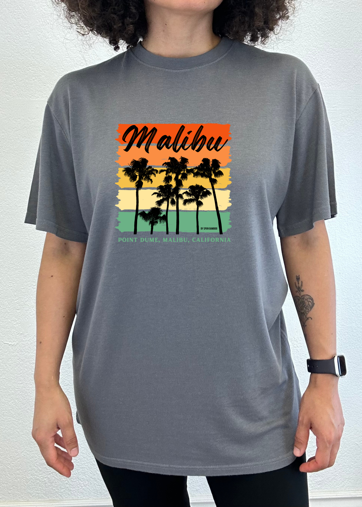 Malibu unisex bamboo short sleeve graphic T-shirt in gray with palm trees sunset stripes, Spun Bamboo on Tampa Home & Garden Store