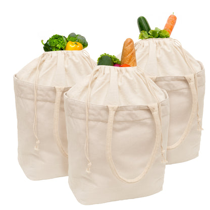 Canvas Grocery Tote with Drawstring set of 3 beige bags with fresh produce Organic Cotton Mart on Tampa Home & Garden Store