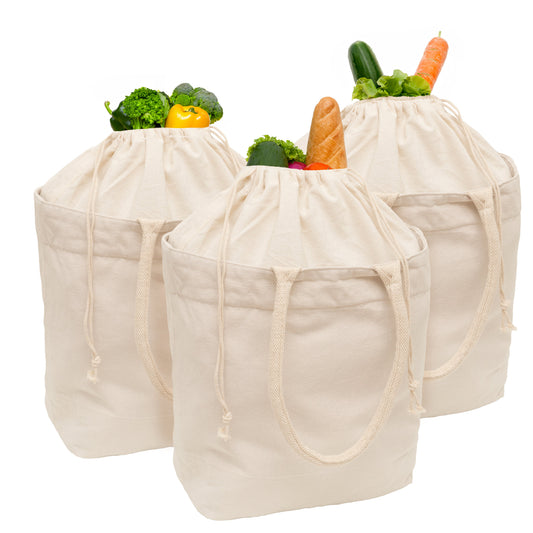 Canvas Grocery Tote with Drawstring set of 3 beige bags with fresh produce Organic Cotton Mart on Tampa Home & Garden Store