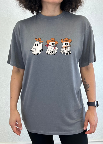 Cowboy Ghosts unisex graphic tee gray short sleeve with three ghost cowboys on Tampa Home & Garden Store