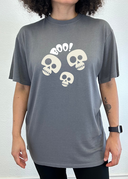 Unisex Halloween Boo graphic T-shirt in gray by Spun Bamboo viscose/organic cotton with skulls on Tampa Home & Garden Store