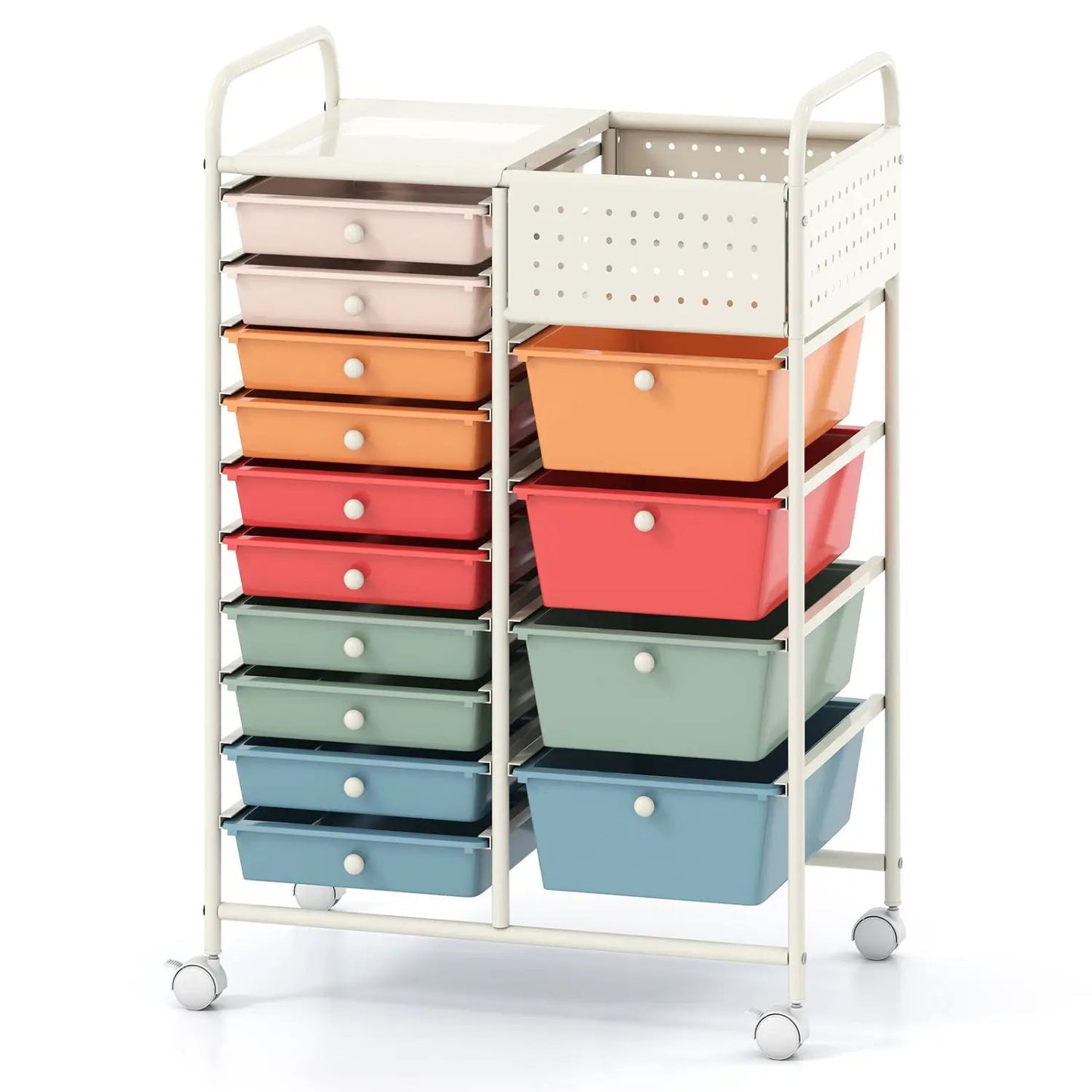 14 Drawer Rolling Storage Cart with Pegboard