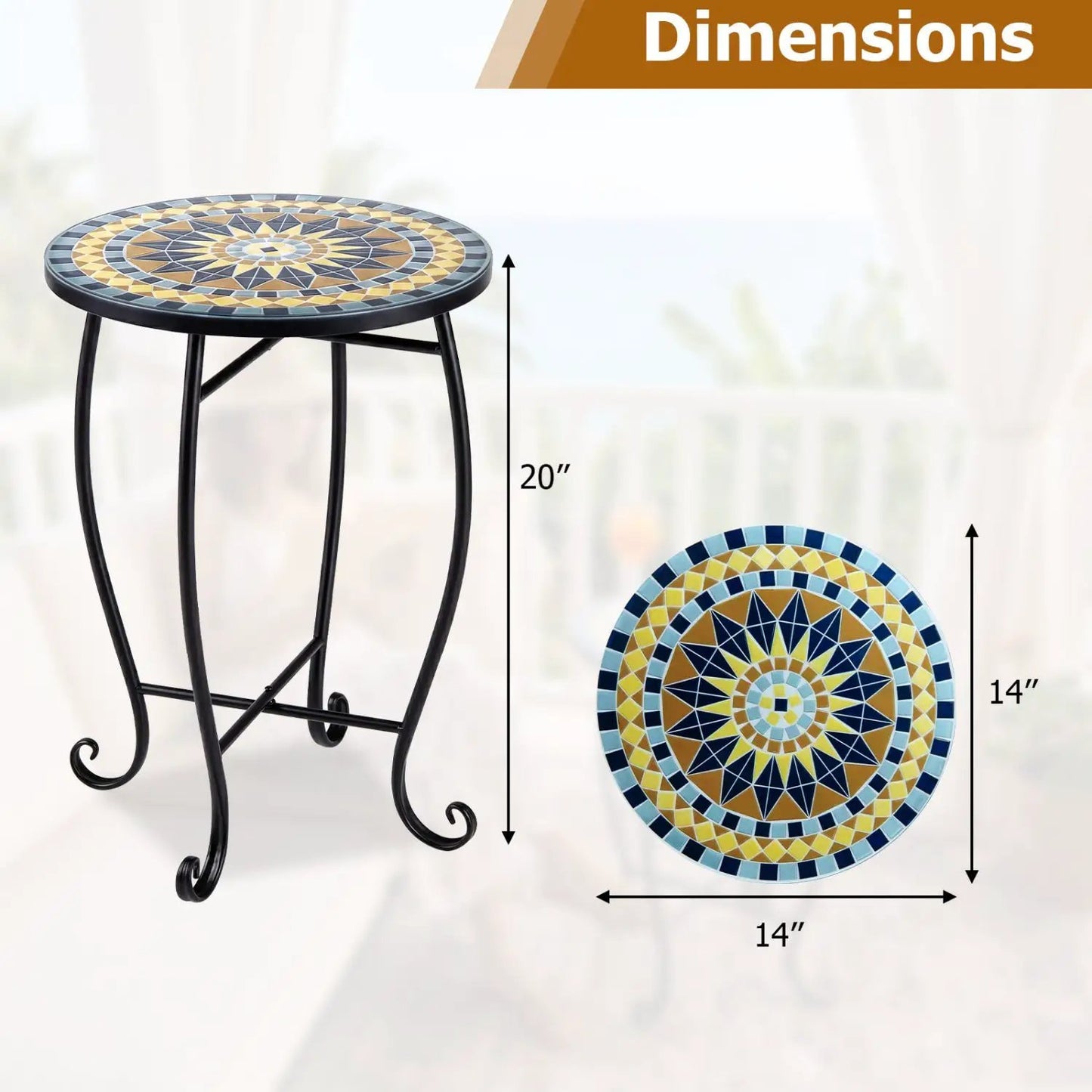 14 Inch Mosaic Patio Table With Metal Frame