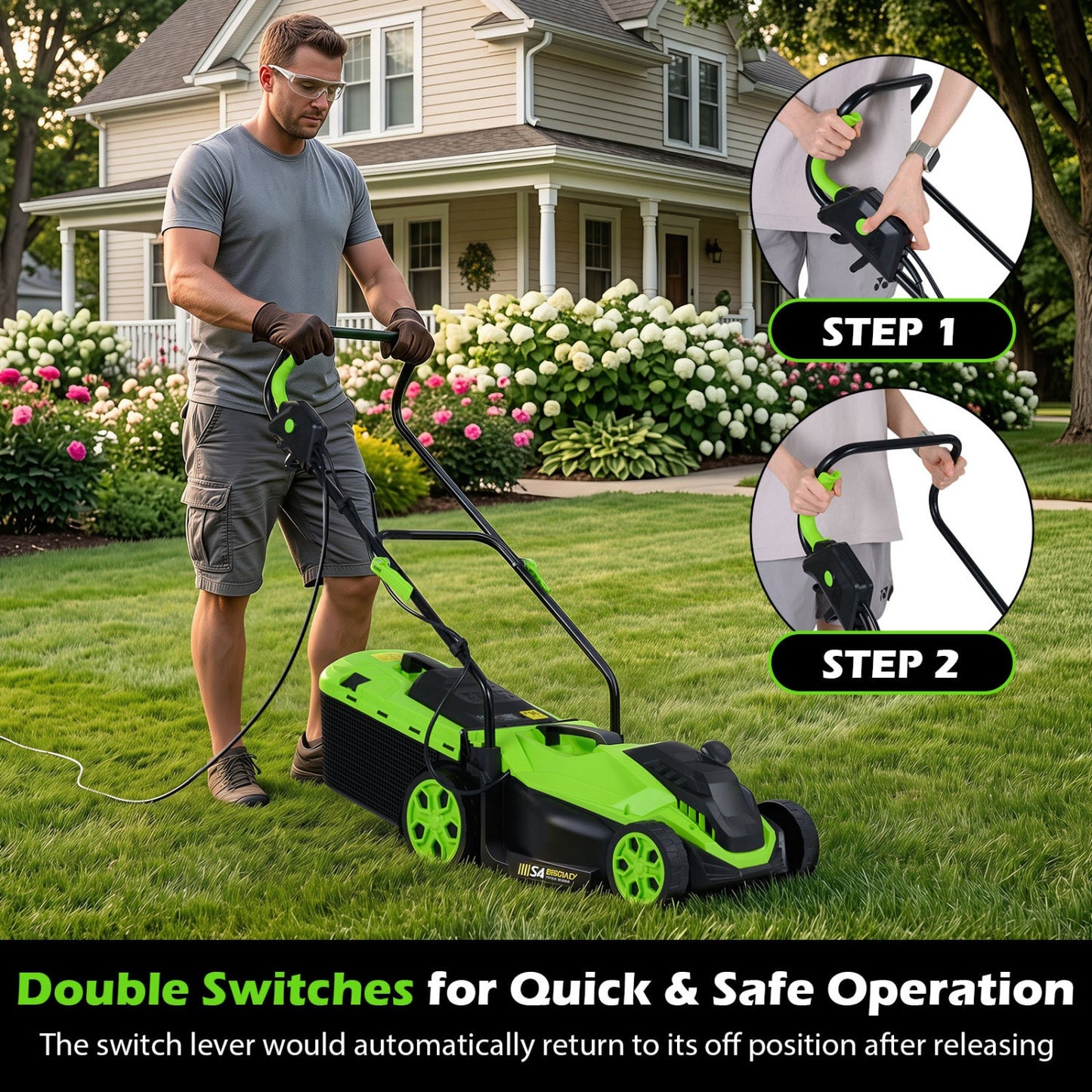 DirectDeals 14-Inch corded electric lawn mower with 5-position height in green and black on Tampa Home & Garden Store