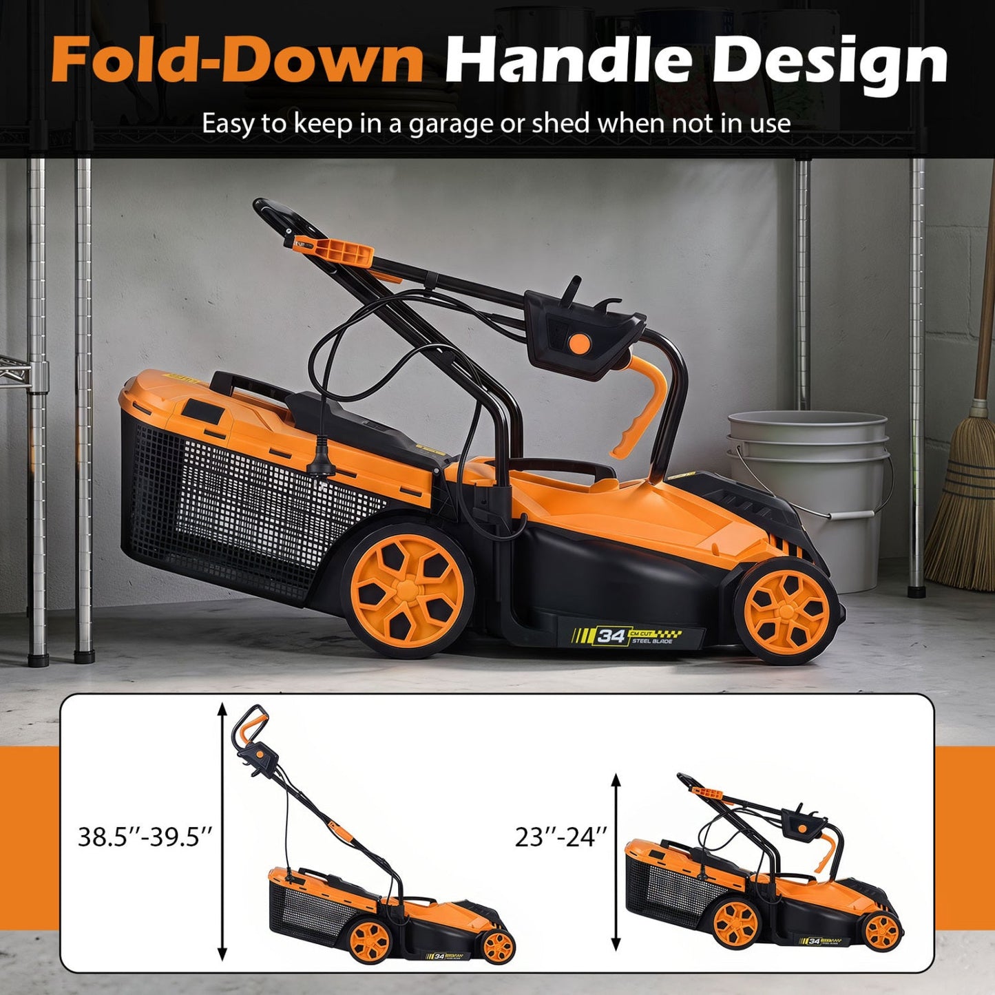 14-Inch Corded Electric Lawn Mower by DirectDeals, orange/black with 5-position height adjust on Tampa Home & Garden Store