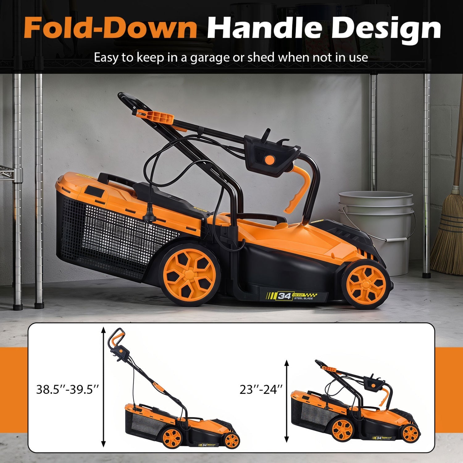 14-Inch Corded Electric Lawn Mower by DirectDeals, orange/black with 5-position height adjust on Tampa Home & Garden Store