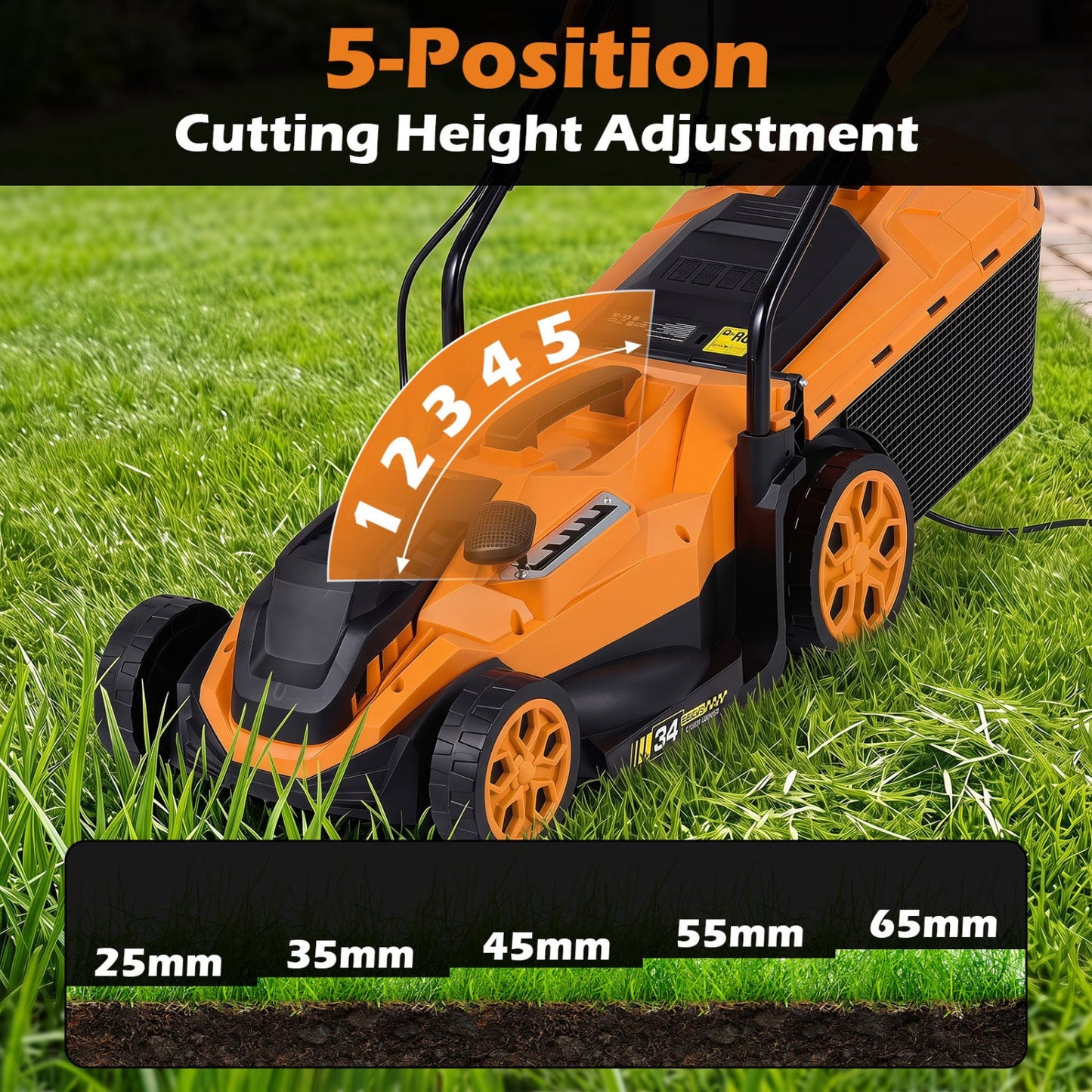 Corded electric lawn mower 14in by DirectDeals, orange body, 5-position height adjustment on Tampa Home & Garden Store