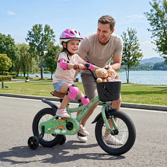 14 inch girls bike DirectDeals green with training wheels and front basket on Tampa Home & Garden Store
