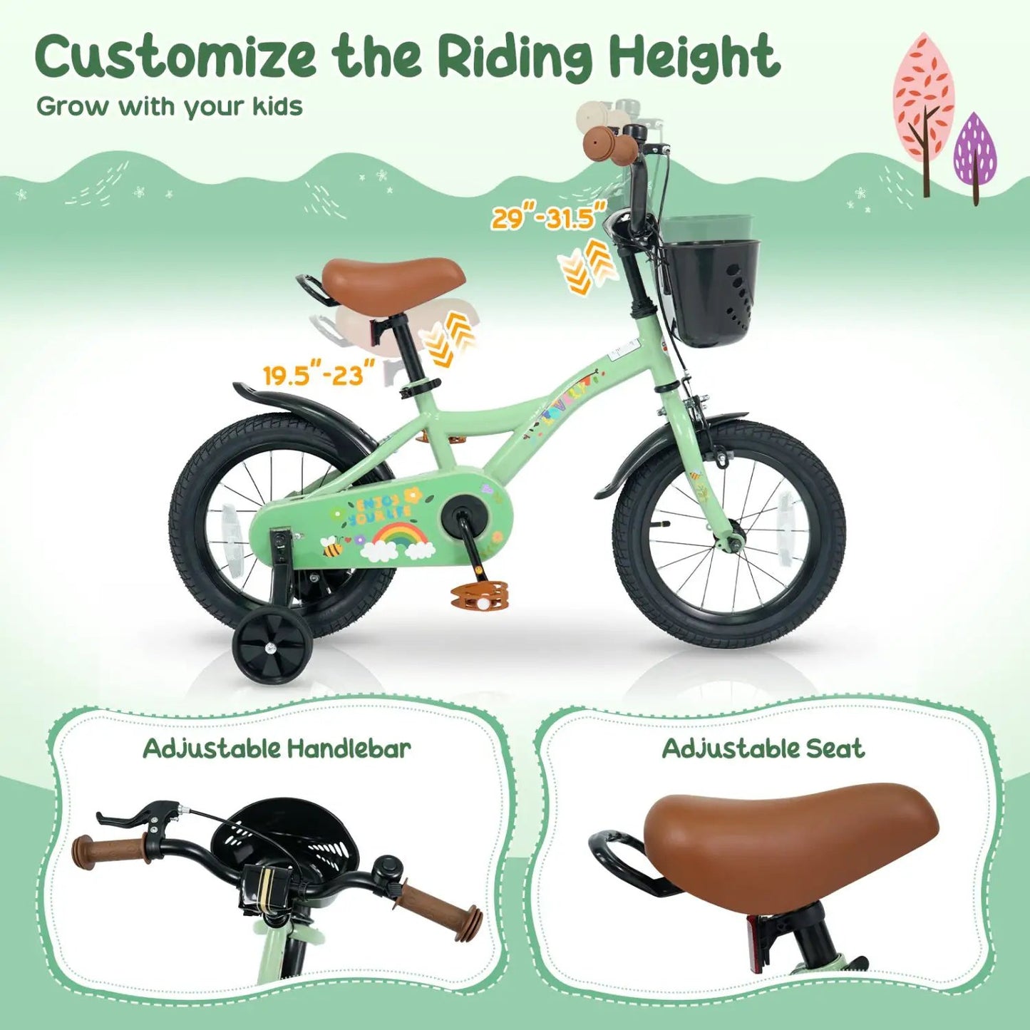 14 Inch Girls Bike with Training Wheels Green